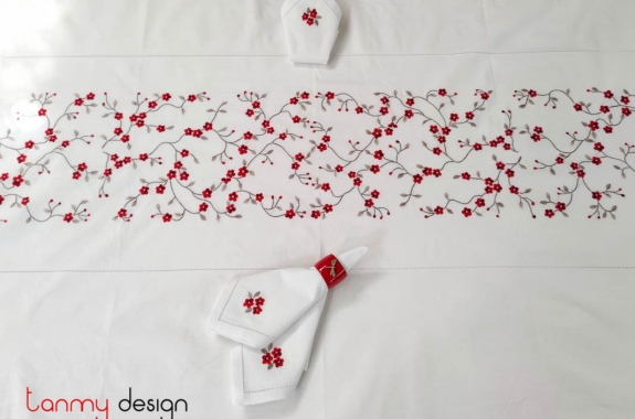  Rectangle red string peach blossom embroidered table cloth (250x150cm) - include 12 napkins